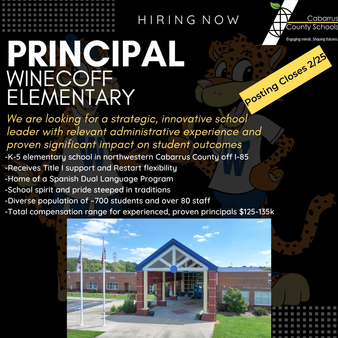 It’s a fabulous day to be a principal in <a href="/CabCoSchools/">Cabarrus Co. Schools</a> - apply now! Vacancies closing soon! You don’t want to miss this unique opportunity to lead one of these amazing schools!