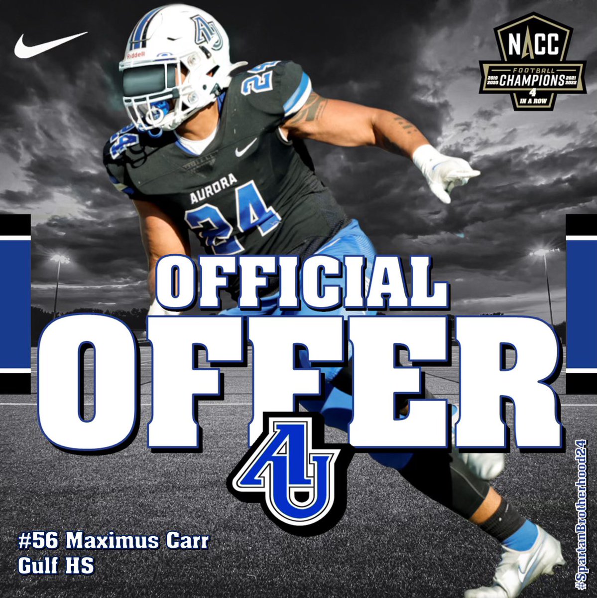 I would like to thank Aurora University for extending my third official collegiate offer. I highly appreciate this opportunity, and hope to see what my future holds. @AU_SpartanFB @DonBeebeNFL @SeanEperjesi @CoachBones27 @GHSbucsfootball @RouteTreePerf