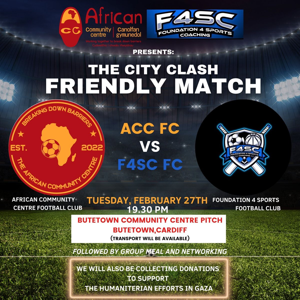 Tomorrow evening under the lights at the San Siro in Butetown we have a spectacular exhibition match, networking and fundraiser - two teams, cross borders and communities ⚽️ @ACCWales vs @F4SportsCIC Arrive early to avoid disappointment #PowerofFootball #BreakingDownBarriers