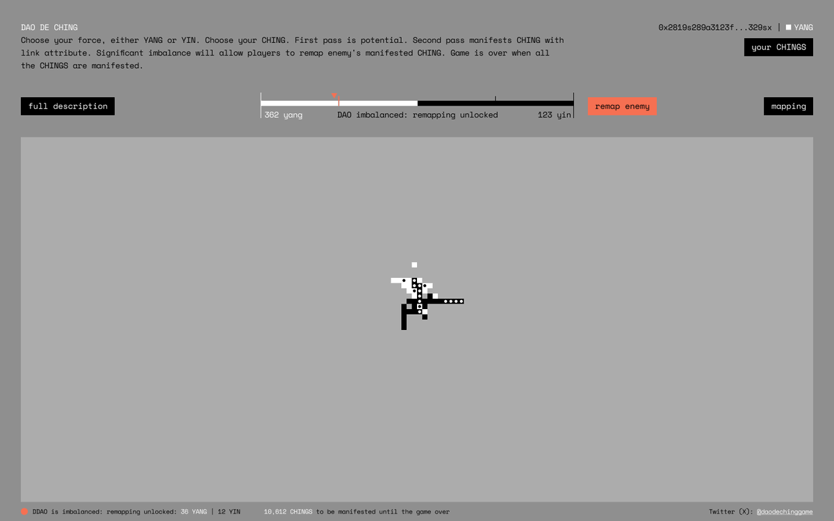 daodechinggame's tweet image. The game imbalance is a possibility to capitalize on chaos since the player who will remap your manifested block will pay you back almost 2x of the price you paid for its manifestation. You lose your link, though.

daodechinggame.com

#DaoDeChing #yang #yin #dao #gamefi #p2e…