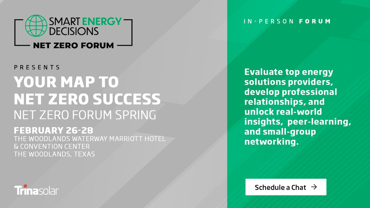 TrinaSolarUS's tweet image. The Net Zero Forum Spring starts today through 2/28 in Woodlands, TX!

Network with industry peers, speakers, &amp;amp; more than 40 energy solutions providers — including Trina Solar US team members.

Schedule your meet-up today: bit.ly/49ttg9M

#NetZeroForum #TrinaVertexN