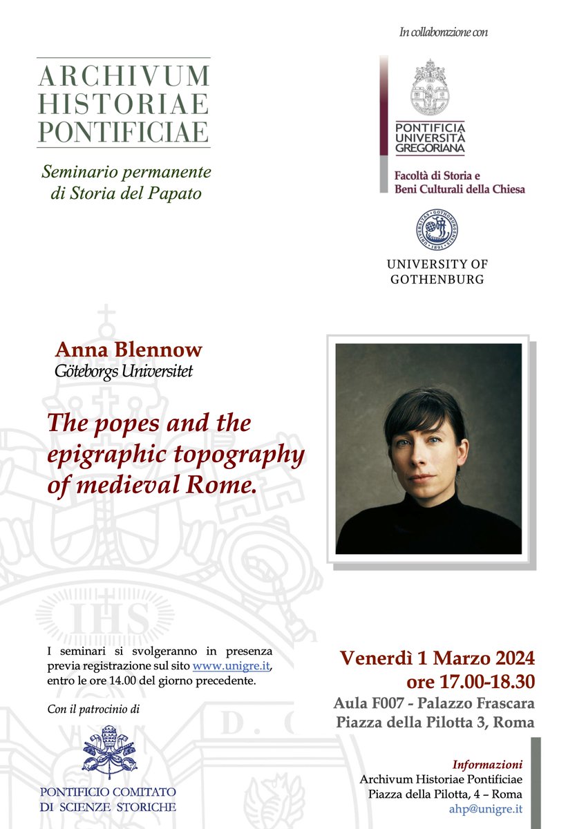 AHP Rivista (@ahp_rivista) on Twitter photo Seminario permanente di Storia del Papato
THE POPES AND THE EPIGRAPHIC TOPOGRAPHY OF MEDIEVAL ROME
Anna Blennow, <a href="/goteborgsuni/">Göteborgs universitet / University of Gothenburg</a>
Venerdì 1 marzo 2024, ore 17.00-18.30
<a href="/UniGregoriana/">Pontificia Università Gregoriana</a>, Palazzo Frascara, Aula F007. Seminario permanente di Storia del Papato
THE POPES AND THE EPIGRAPHIC TOPOGRAPHY OF MEDIEVAL ROME
Anna Blennow, <a href="/goteborgsuni/">Göteborgs universitet / University of Gothenburg</a>
Venerdì 1 marzo 2024, ore 17.00-18.30
<a href="/UniGregoriana/">Pontificia Università Gregoriana</a>, Palazzo Frascara, Aula F007.