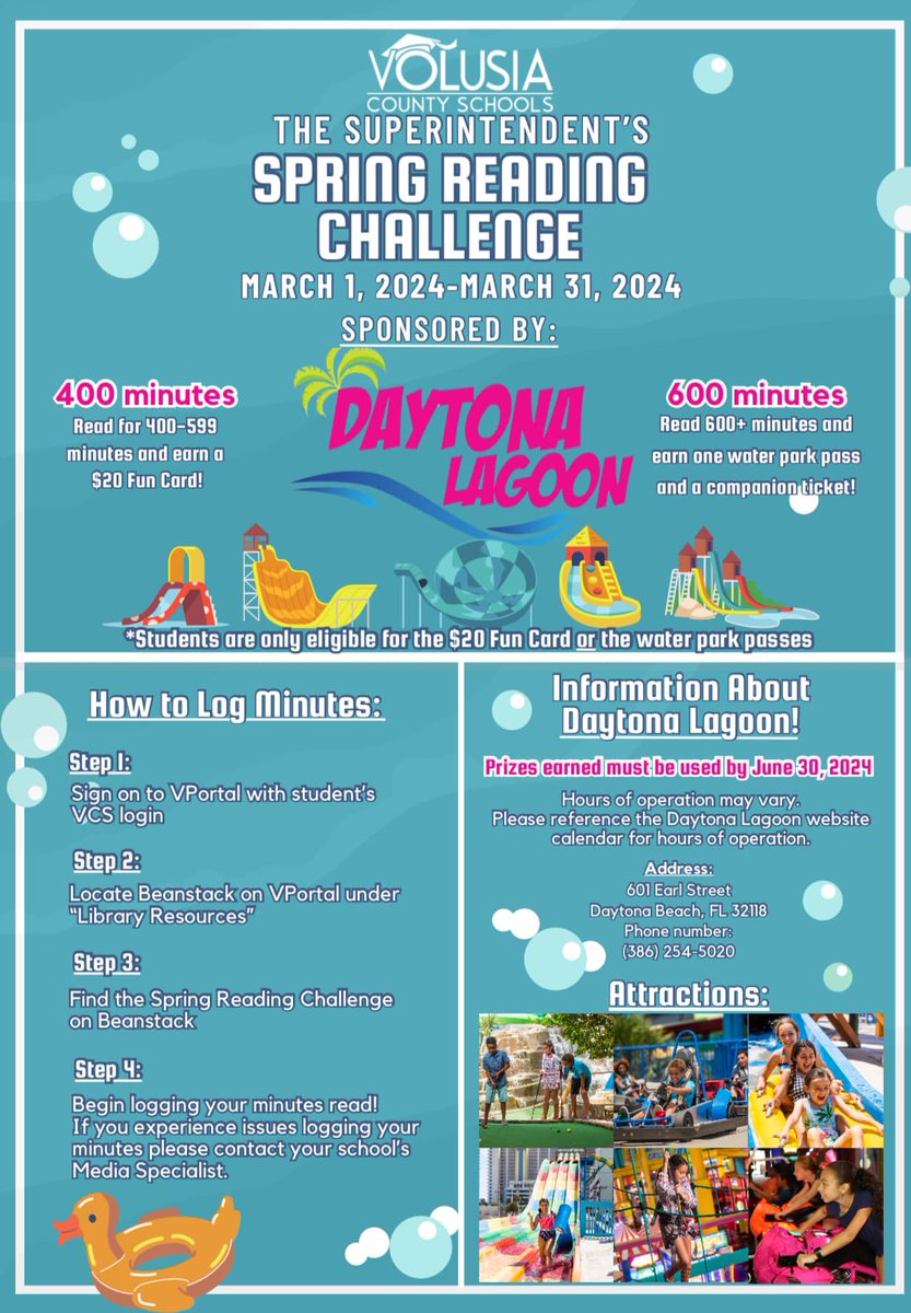 Volusia County Schools (@volusiaschools) on Twitter photo Get ready for a reading adventure! <a href="/SuptBalgobinVCS/">Dr. Carmen Balgobin</a> is thrilled to launch the Superintendent’s Spring Reading Challenge! From March 1-31, students can log reading minutes on Beanstack to win amazing prizes from <a href="/daytonalagoon/">Daytona Lagoon</a>. Let the reading adventure begin! Get ready for a reading adventure! <a href="/SuptBalgobinVCS/">Dr. Carmen Balgobin</a> is thrilled to launch the Superintendent’s Spring Reading Challenge! From March 1-31, students can log reading minutes on Beanstack to win amazing prizes from <a href="/daytonalagoon/">Daytona Lagoon</a>. Let the reading adventure begin!