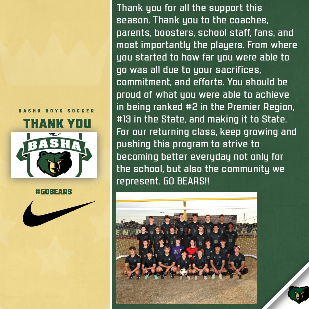 Thank you for an amazing season!

#GoBears #BashaBoysSoccer #BuildingBasha