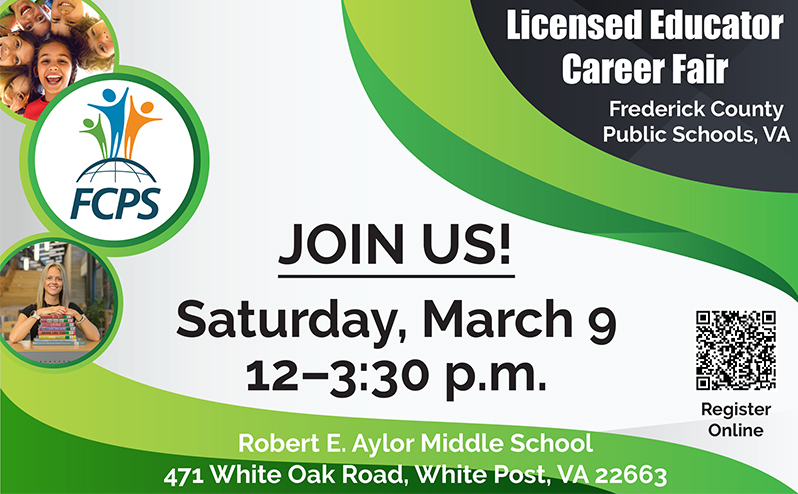 FCPS is hosting a Licensed Educator Career Fair on Saturday, March 9, 2024. The fair will be held from Noon-3:30 p.m. at Robert E. Aylor Middle School. 
Register➡️ forms.gle/nwY4bkcy3oivKt…
 
#careers #hiring #careerfair #educators #education #teachers #inspire2025 #FCPSinspires