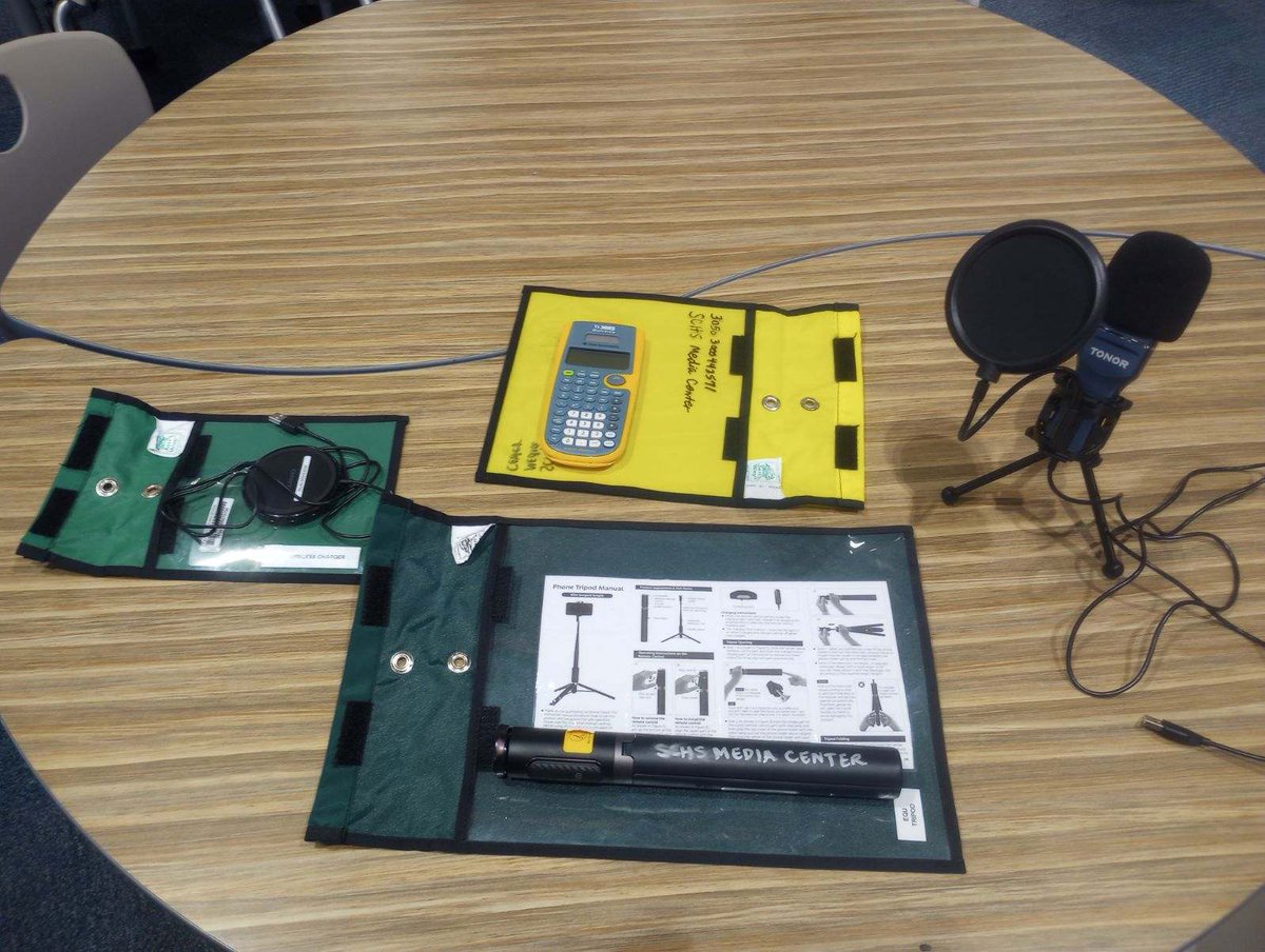 Did you know about the supplies you can check out? We have wireless chargers, calculators, podcast microphones, and tripods, plus art supply bags!