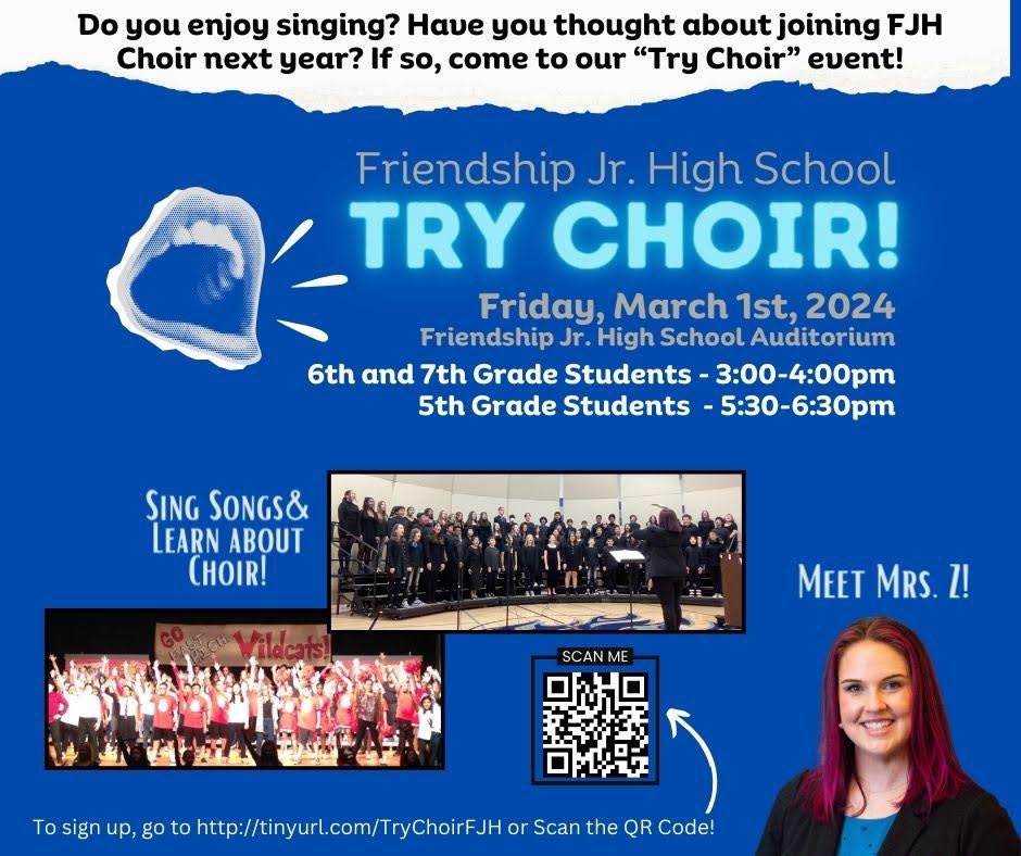 JZolmierski's tweet image. Hey @D59Frost, @D59Brentwood, @D59Devonshire, @D59Ridge and @D59Clearmont are your FJH 5th graders ready to “Try Choir” with me and @EG_Choir on Friday? We got cookies, takis and swag ready to go! Sign up tinyurl.com/trychoirfjh #d59learns @D59Friendship