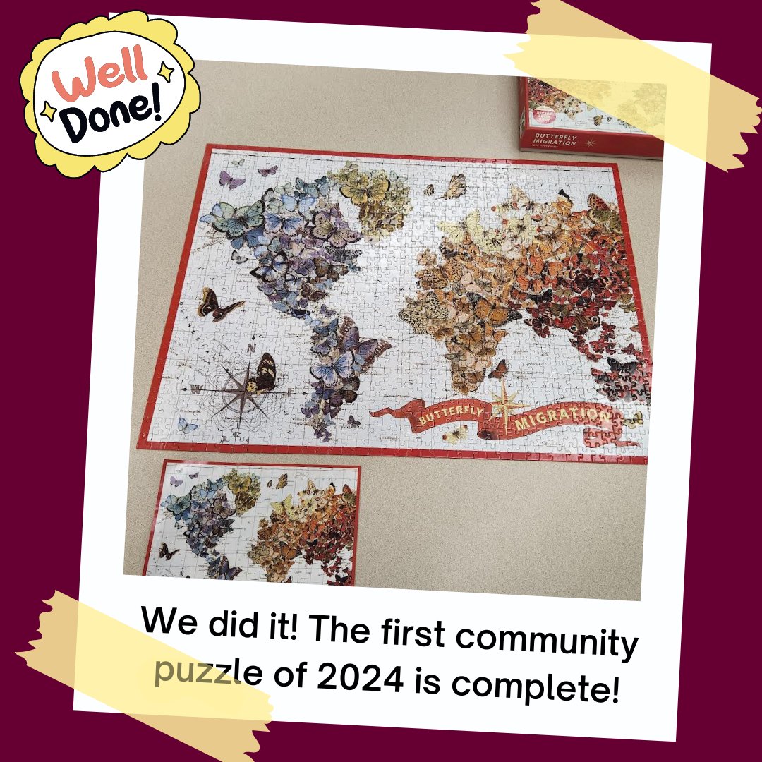 Well done! The first community puzzle of 2024 is complete! The great butterfly migration was a challenge; stay tuned for what's next in the learning commons of the library.
#CommunityPuzzle #Library #Butterflies