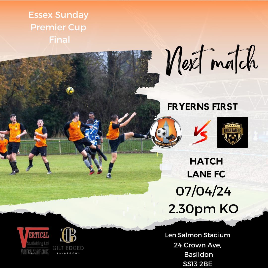 <a href="/EssexCountyFA/">Essex County FA</a> Sunday Premier cup final Sunday 7th April 1430 KO vs <a href="/HatchLaneFC/">Hatch Lane FC</a> at the Len Salmon stadium home of <a href="/Bowerspitseafc/">Bowers & Pitsea FC</a> 
All support would be appreciated 🟠⚫️🏆
Thanks <a href="/buckers43/">Andrew Buxton</a> for the poster.
