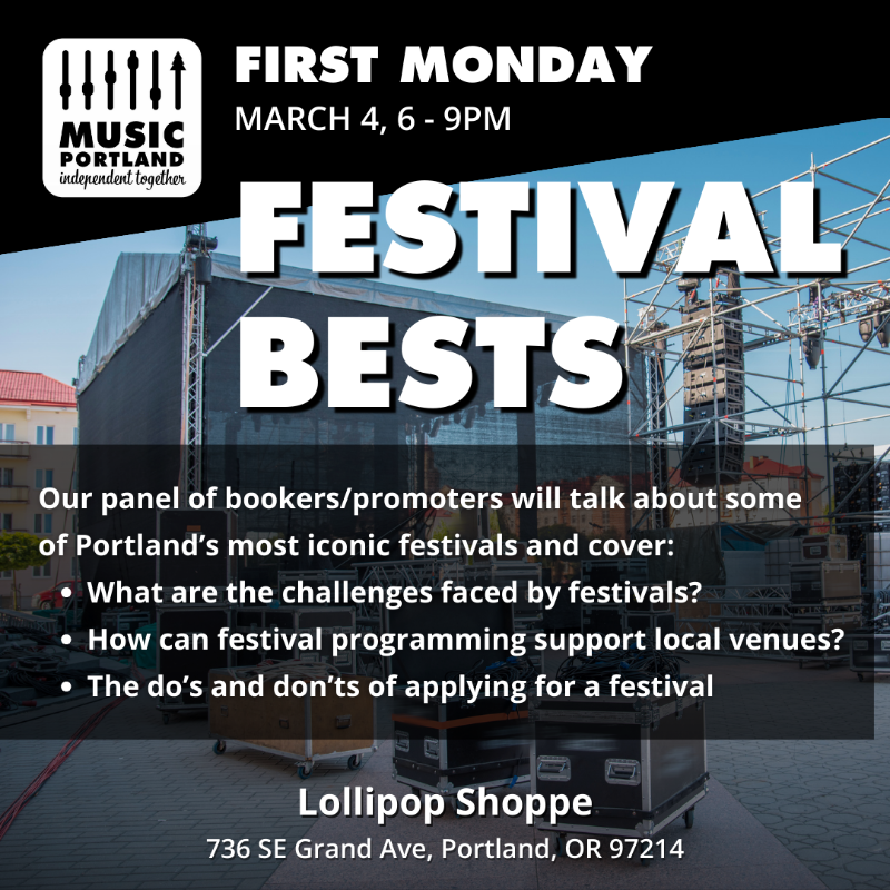 March First Monday: Festival Bests

6 - 9pm Monday, March 4 @ Lollipop Shoppe

We’ll cover:
- What are the challenges faced by festivals?
- How can festival programming support local venues?
- The do’s and don’ts of applying for a festival 

Mark your calendars!