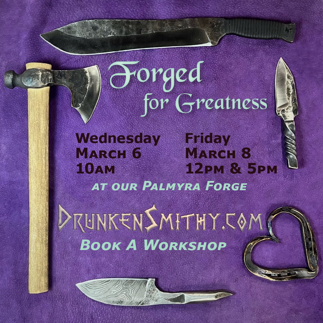 Take a forging workshop with us next week! In just one workshop you can make any one of the projects pictured here from start to finish. 
Book your reservation: drunkensmithy.com/event-calendar/

#forge #forging #blacksmith #blacksmithing #bladesmith #steel #PalmyraPA #HersheyPA