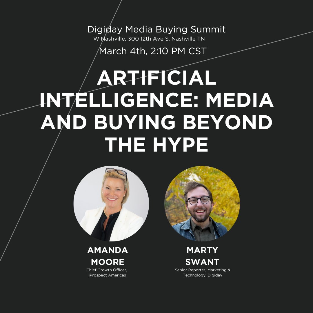 If you’re going to be at the <a href="/Digiday/">Digiday</a> Media Buying Summit in Nashville next week be sure to check out Amanda Moore, Chief Growth Officer, iProspect Americas as she sits down for a fireside chat with Digiday’s Marty Swant. digiday.com/events/digiday…