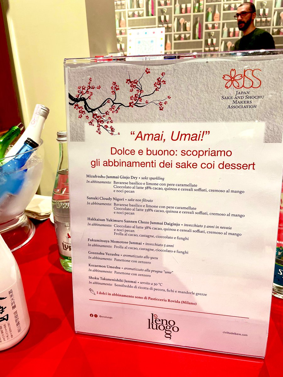 Enoluogo di Civiltà del Bere:
Degustazione di Sake invecchiati fino a 5 anni, abbinati ai dolci della Pasticceria Rovida di Milano.
Un’esperienza molto interessante, 
Il mio preferito? Gozenshu Yuzushu, aromatizzato allo Yuzu.