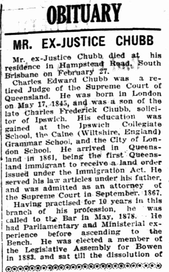 AustAnglican's tweet image. Remembering today Mr Charles Edward Chubb, who died on 27 February 1930, aged 84. He was Archbishop Donaldson's pick to serve as Chancellor of the Diocese of Brisbane (1910-1921). #anglican #94years MP, Attorney-General, QC, Judge of the Supreme Court of Queensland.