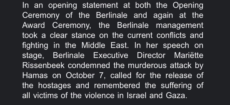 official Berlinale statement. “remembered the suffering of…” is such a strange choice of words