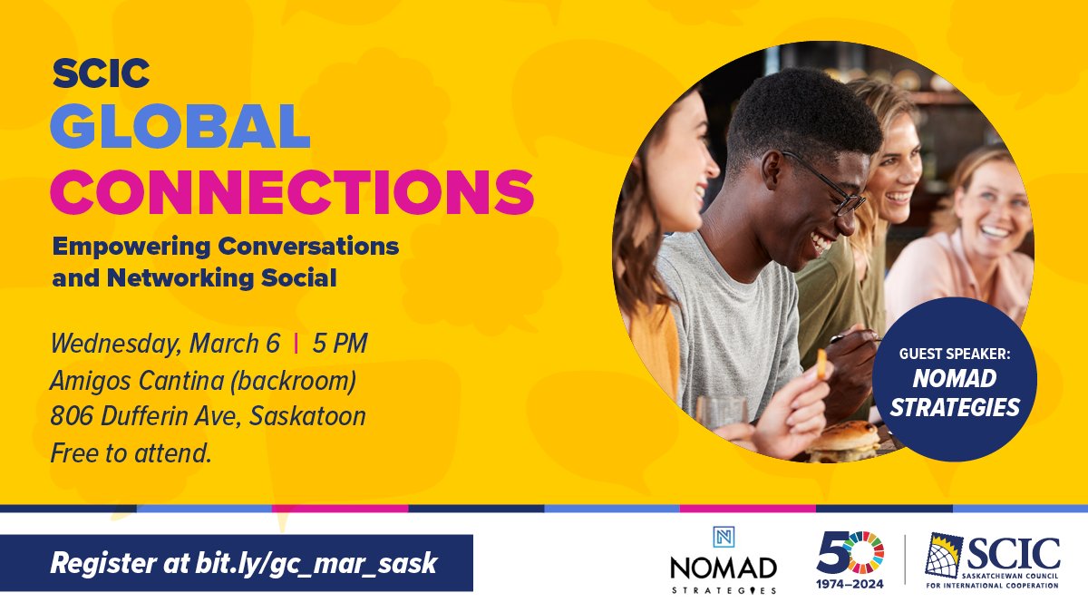 Join us for another exciting evening of networking and learning at Global Connections in Saskatoon. Our guest speakers for the evening will be from Nomad Strategies! eventbrite.ca/e/scic-global-… #inspiringglobalaction #GoForTheGoals #vizeslesobjectifs #yxe