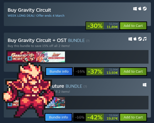 Gravity Circuit is on sale on Steam, 30% off! Offer lasts until March 4th. Maybe it's finally time to dig in and take the game for a spin?

Steam page: store.steampowered.com/app/858710/Gra…