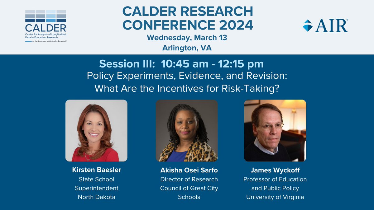 CALDER Center (@caldercenter) on Twitter photo What incentivizes state and district leaders to take risks and make evidence-driven decisions? Find out by joining us for a panel discussion featuring, <a href="/KirstenBaesler/">Kirsten Baesler</a>, <a href="/AkishaSarfo/">Akisha Osei Sarfo, PhD</a>, & James Wyckoff at #CALDER2024 in Arlington on March 13.
Register 👉: forms.gle/JvxA9e1faVoa9J… What incentivizes state and district leaders to take risks and make evidence-driven decisions? Find out by joining us for a panel discussion featuring, <a href="/KirstenBaesler/">Kirsten Baesler</a>, <a href="/AkishaSarfo/">Akisha Osei Sarfo, PhD</a>, & James Wyckoff at #CALDER2024 in Arlington on March 13.
Register 👉: forms.gle/JvxA9e1faVoa9J…