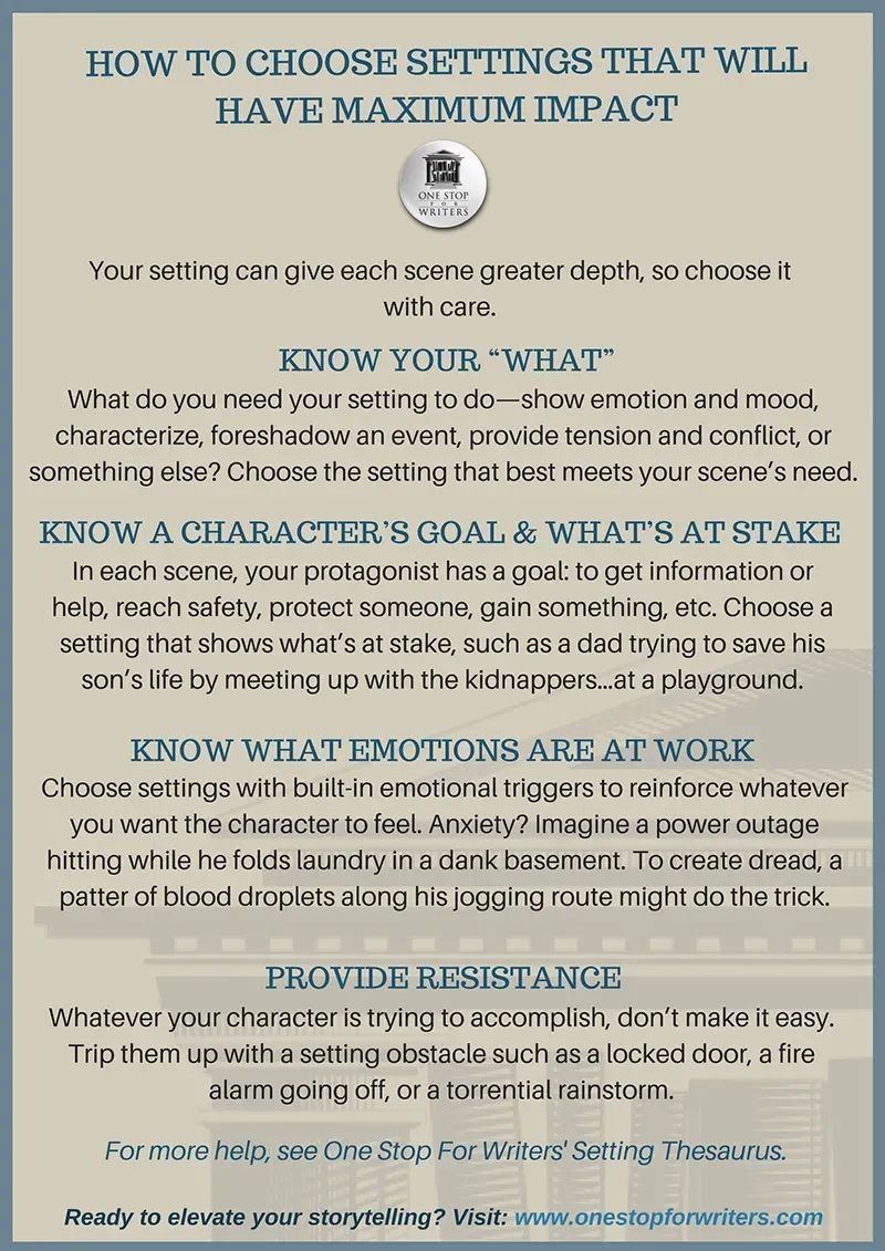 onestop4writers's tweet photo. How can you make your setting work hard in the scene? By thinking about how it will power up the events and influence character emotions. 

Here's some tips on how to better use setting in your story:  https://t.co/g5fLjM19p0 #wrting #amwriting * https://t.co/j7fgZSkR9V