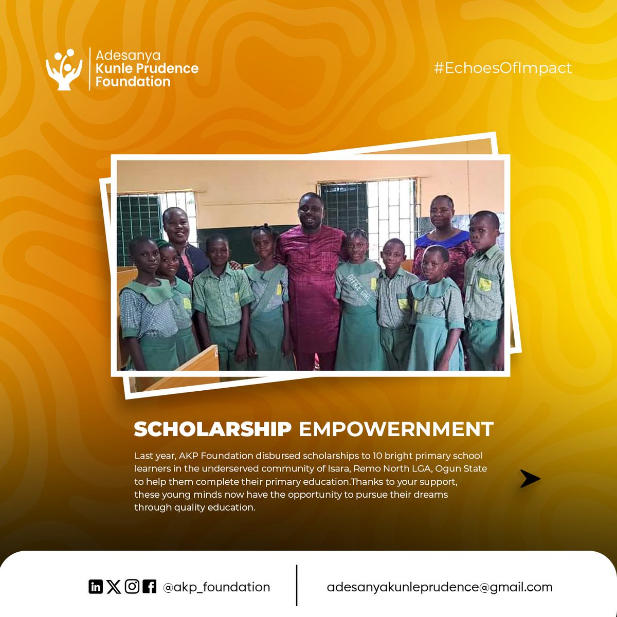Last year, AKP Foundation granted scholarships to 10 bright primary school learners in Isara, Remo North LGA, Ogun State, by covering their entrance examination (BECE) fees.

#AKPFoundation #EducationForAll #ScholarshipImpact #BrighterFutures