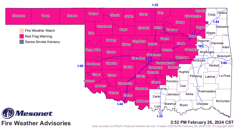delcityfire's tweet photo. Red Flag Fire Warning in effect for a large portion of Oklahoma, including Oklahoma County, on Tuesday. High winds, high temperatures, low humidity and dormant vegetation will cause any fire that starts to spread quickly. Please do your part to prevent any fire from starting. https://t.co/4XmnlsQeAk