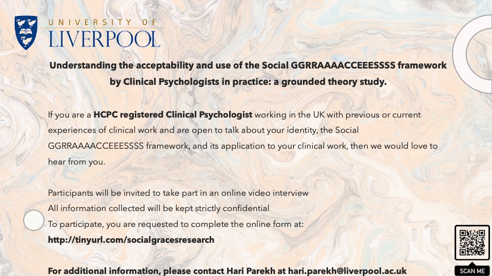 Calling HCPC registered clinical psychologists in the UK, we would love to hear from you! tinyurl.com/socialgracesre… #clinicalpsychology #clinicalpsychologists #HCPC #research #clinicalpsychologyresearch #SocialGRRAAAACCEEESSSS #SocialGraces #SocialGracesStudy #identity