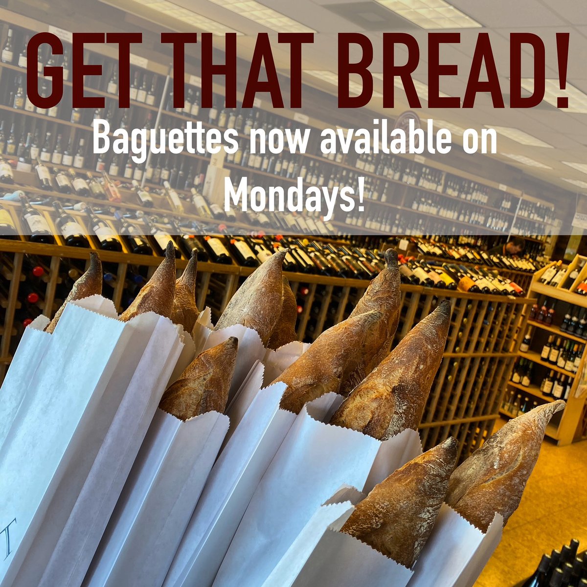 Arrowine now has Bread Furst baguettes on Mondays!  Wine, cheese, charcuterie... now the last piece of the puzzle is here.  Stop by this evening and pick one up!