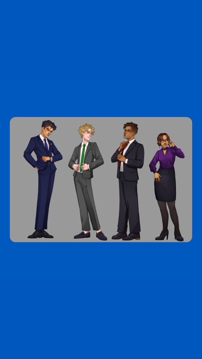 RubixCube89201's tweet photo. Art of the 4 Musketeers in TGGBB / Broken Glasses. 
Check out BG Chapter 12 to see where they are to be all dressed up!

(L to R: Bennett Frazier, Jordan Wallace, Declan Lynch, Naomi Lorraine)

@Pekgna commissioned https://t.co/olitJHh8JD