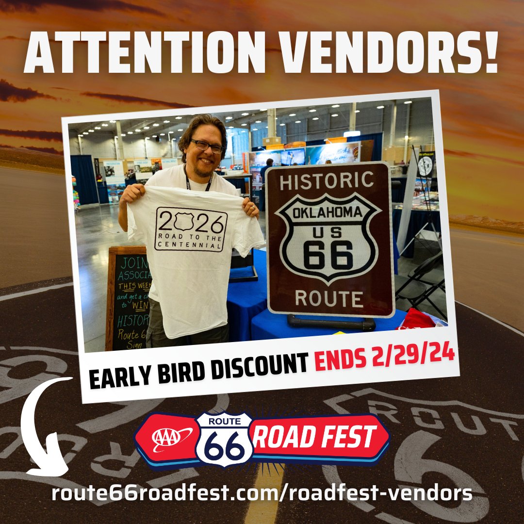The 10% Early Bird Discount for new vendors ends this Thursday! If you were on the fence about registering, now is the time! route66roadfest.com/roadfest-vendo… #route66roadfest #route66roadtrip #historicroute66 #route66oklahoma #route66travelers #route66events #AAAOklahoma