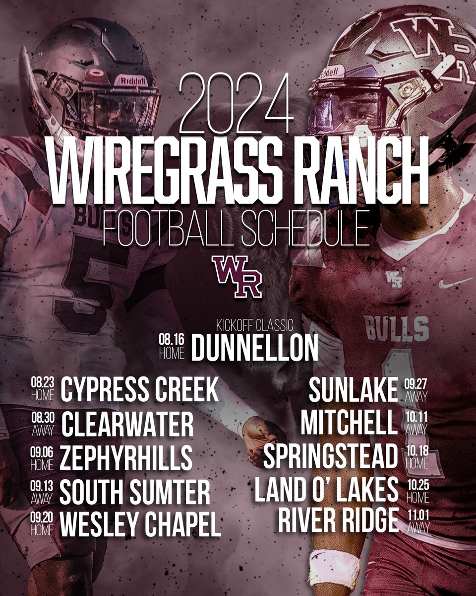 Your Wiregrass Ranch Bulls 2024 Football Schedule!

#WiregrassFootball #GoBulls #RanchLife #HornsUP