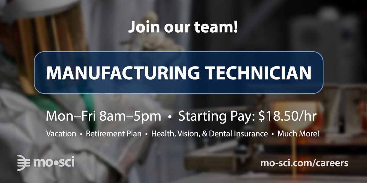 MoSciCorp's tweet image. Looking for a new #career opportunity in the Rolla, Mo region? Join our winning team as a day-shift Manufacturing Technician! This rewarding position comes with great pay and benefits. Learn more and apply &amp;gt;&amp;gt; mo-sci.com/company/career…

#Jobs #MoJobs #Manufacturing