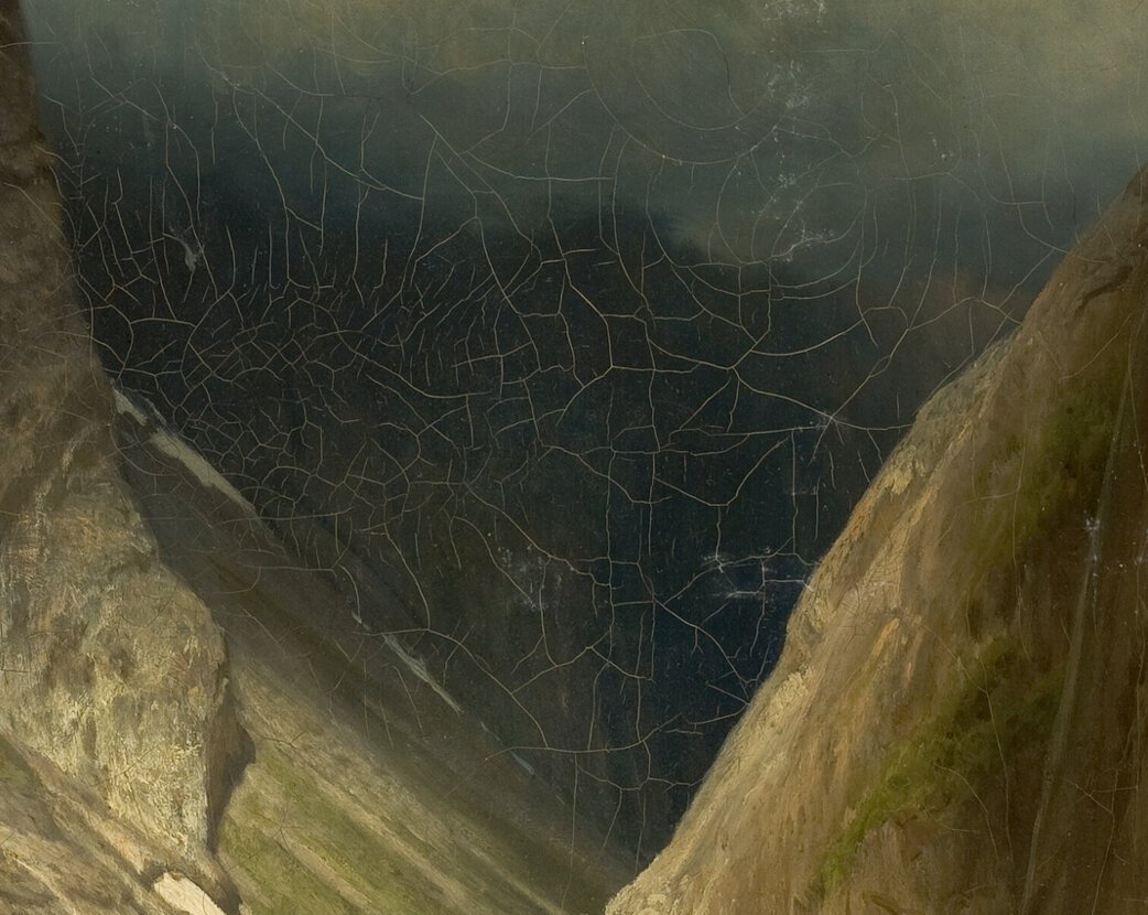 A beautiful painting, of course, but I'm posting it mainly because I'm mesmerized by the fractures in the dark blue of the valley, like cracks on the screen of reality 'Valley of Romsdalen' (1857) by Johan Fredrik Eckersberg