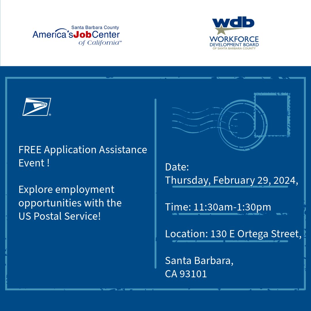 sbcajcc's tweet image. 📬 Santa Barbara Postal Service Employment Opportunity! 
Thursday, February 29, 2024, from 11:30 am to 1:30 pm
Location: Santa Barbara Employment Development Department, 130 E Ortega Street, Santa Barbara, CA 93101
#SBCWDB #