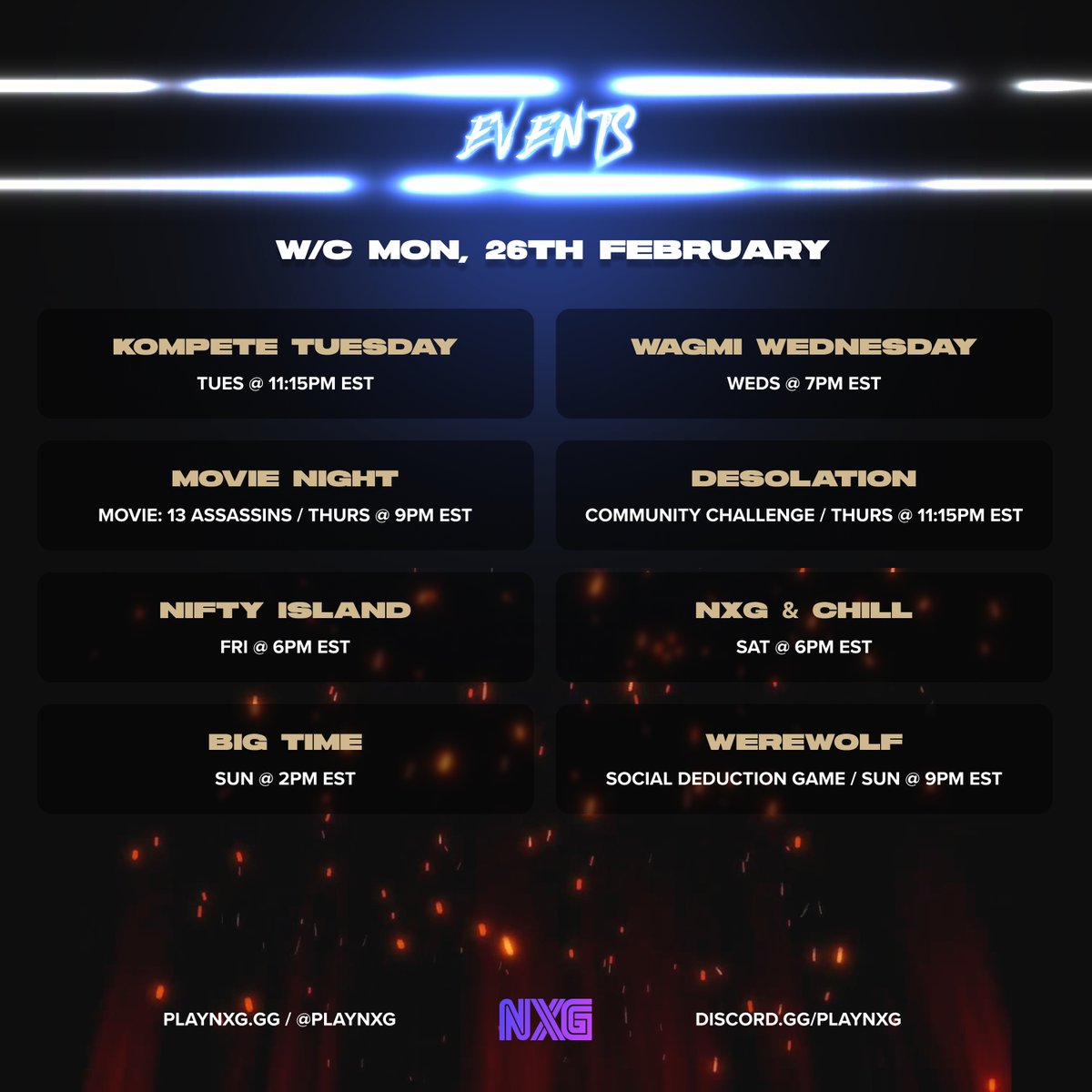 Come join in and see what all the juice is about and how we are cooking!  Great community and knowledgable players of many web3 games!  Get the web3 alpha, experience and skillz and expand your network.  Here are this week's formal events.  You never know when you might find a