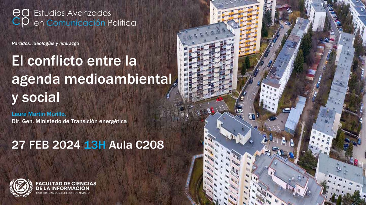 ℹ️🗣️Mañana, Laura Martín Murillo (<a href="/laura_mmurillo/">Laura Martin Murillo</a>), de la Dirección General de Transición Energética, se une a nosotros para abordar “El conflicto entre la agenda medioambiental y social”. Os esperamos:
🗓️Mañana, 27 de febrero
🕒A las 13h00
📍Aula C208 de la <a href="/UCMccinf/">Facultad Ciencias Información</a> (ed. nuevo)