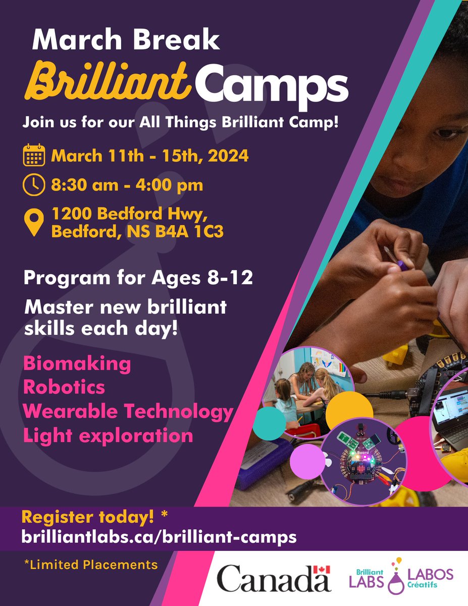 #MarchBreak Brilliant Camp: Embark on a week of STEAM brilliance! March 8th-12th 8:30 AM - 4:00 PM Bedford United Church, Bedford, NS ages 8-12, All camp fees contribute to our charitable initiatives. Register here: brilliantlabs.ca/brilliant-camps @NSTeachersUnion @nsgov @HRCE_NS