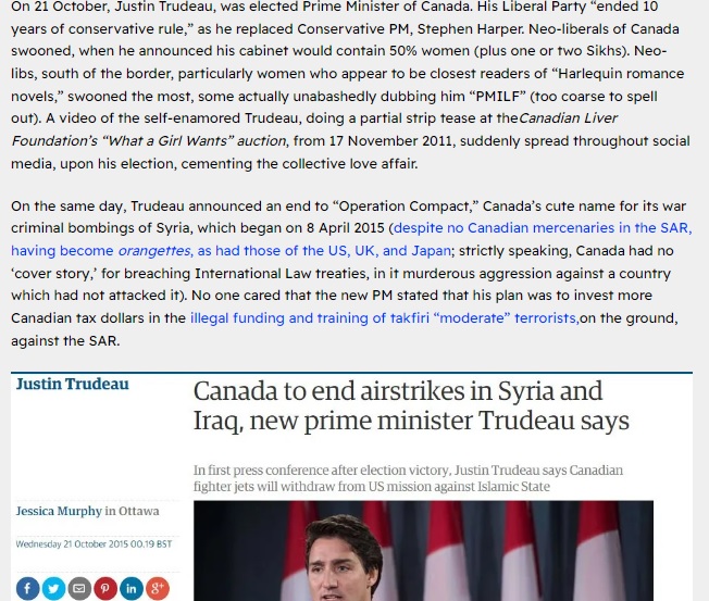 miriwood's tweet photo. #TrudeauMustResign #TrudeauMustGo #Trudeau trending, so here's a reminder that when #ScumMedia were swooning over #bromance &amp; #PMILF'ing, @syria_news exposed him for the lying #warcriminal that #Canada's new PM was. 

https://t.co/Ob8g59XT3u https://t.co/ngybnb4pMj