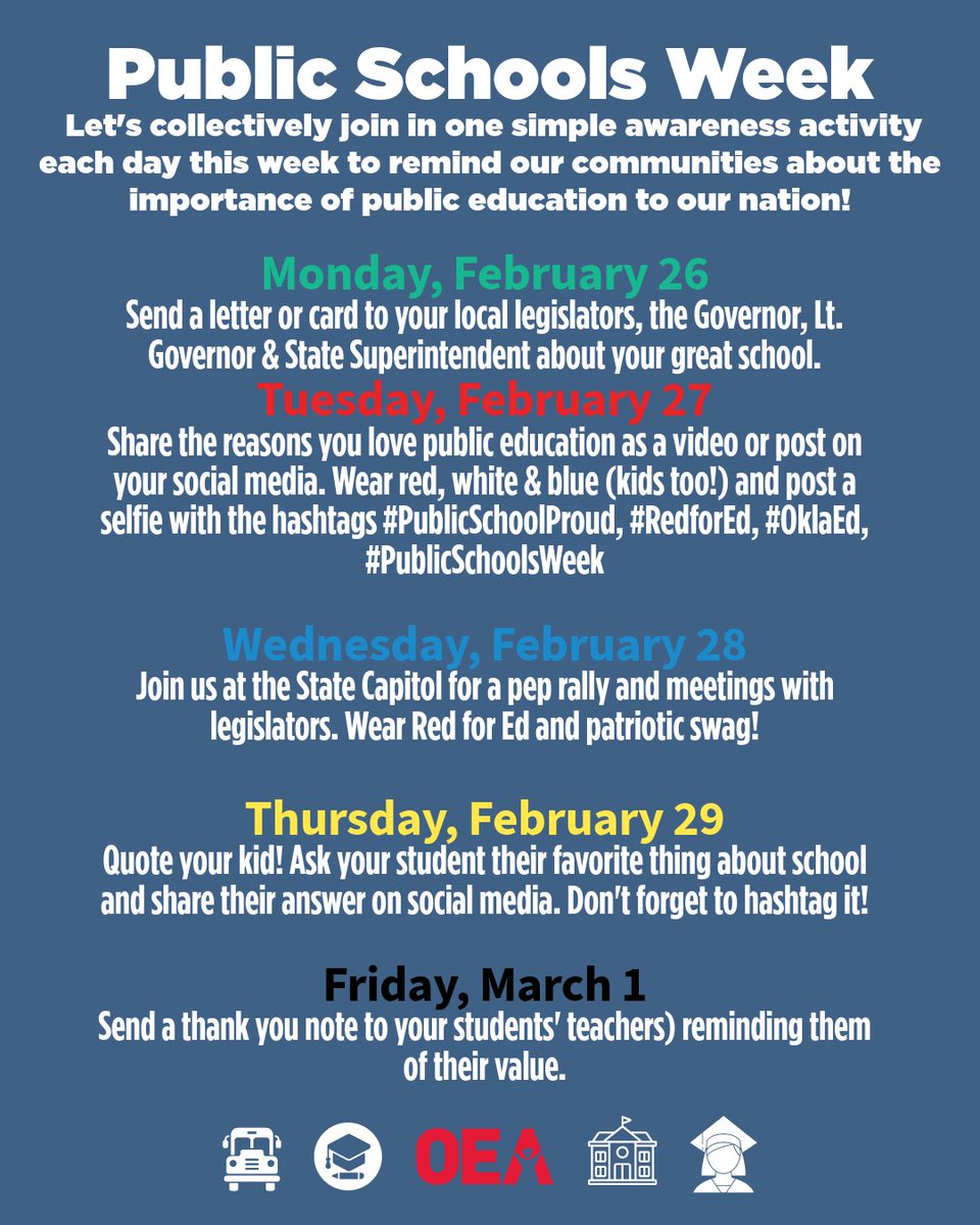 okea's tweet image. Let's rally together in support of PUBLIC ED in OK this week! Here's some ways to help! #oklaed

Today: Write a letter
Tuesday: Share why you love #PublicEd
Wednesday: #RedForEd at the Capitol
Thursday: Your Student's fave thing
Friday: Tell an educator how much they mean.