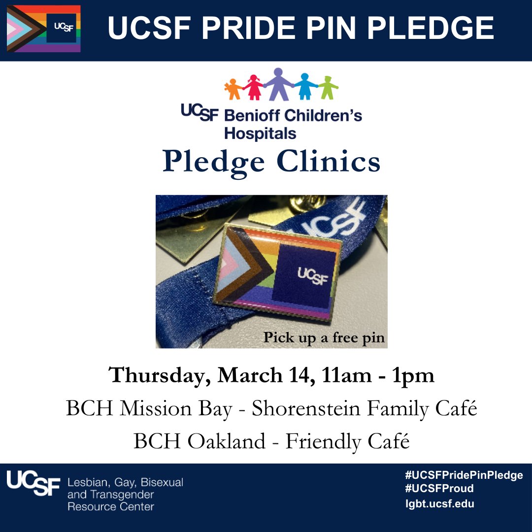 Show your support for UCSF LGBTQ+ communities through action

Please take the pledge in advance (link in bio) & bring your UCSF ID to receive a pin

Thursday March 14, 11am-1pm BCH Mission Bay Shorenstein Family Cafe & BCH Oakland Friendly Cafe. 

#ucsfpridepinpledge #ucsfproud