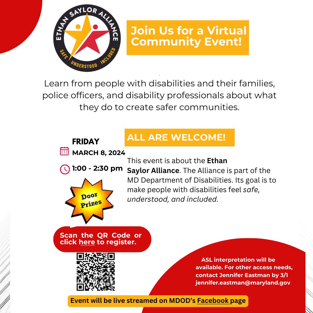 MDDisabilities (@mddisabilities) on Twitter photo JOIN US!  The Ethan Saylor Alliance is hosting a Community Virtual Event on March 8, 2024 for people with disabilities, their families, and law enforcement officials.
Registration is required. All are welcome to attend. us02web.zoom.us/.../tZwsf-mgrz…... JOIN US!  The Ethan Saylor Alliance is hosting a Community Virtual Event on March 8, 2024 for people with disabilities, their families, and law enforcement officials.
Registration is required. All are welcome to attend. us02web.zoom.us/.../tZwsf-mgrz…...