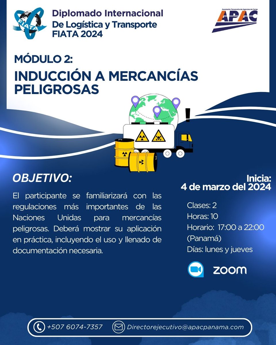 Continuamos con el Diplomado Internacional de Logística y Transporte FIATA 2024. Módulo: Inducción A Mercancías Peligrosas. Modalidad Virtual.
Fechas: 4 y 7 de Marzo 2024
Hora: 17:00 a 22:00 pm (Panamá) 🇵🇦
Días: lunes y jueves ✅
Correo: directorejecutivo@apacpanama.com