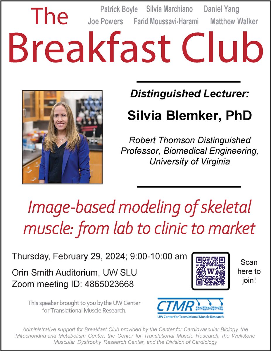 The CTMR is thrilled to host Dr. Silvia Blemker (@UvaM3Lab) as a Distinguished Lecturer at our Breakfast Club Seminar Series this Thursday, February 29th at 9am PT! Join us😀