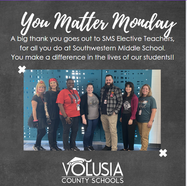 Southwestern Middle (@smsvcs1) on Twitter photo Our Elective teachers rock! (Not pictured - Coach Cervantes, Mrs. Salgado, Mr. Clark, Mrs. Wallace) <a href="/inspiredAP/">Jacquese Copeland</a> <a href="/volusiaschools/">Volusia County Schools</a> <a href="/JamieMichele6/">Jamie M Haynes</a> #VCSYOUMATTER Our Elective teachers rock! (Not pictured - Coach Cervantes, Mrs. Salgado, Mr. Clark, Mrs. Wallace) <a href="/inspiredAP/">Jacquese Copeland</a> <a href="/volusiaschools/">Volusia County Schools</a> <a href="/JamieMichele6/">Jamie M Haynes</a> #VCSYOUMATTER
