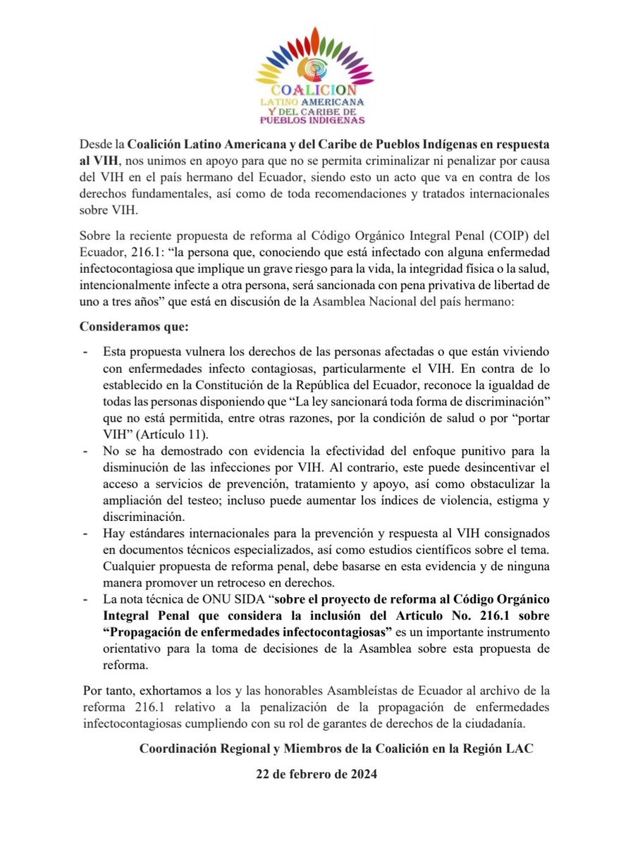 Manifiesto desde la Coalición LAC de  Pueblos Indígenas en Respuesta al VIH, sobre la grave situación de querer criminalizar y penalizar a causa del VIH en Ecuador.