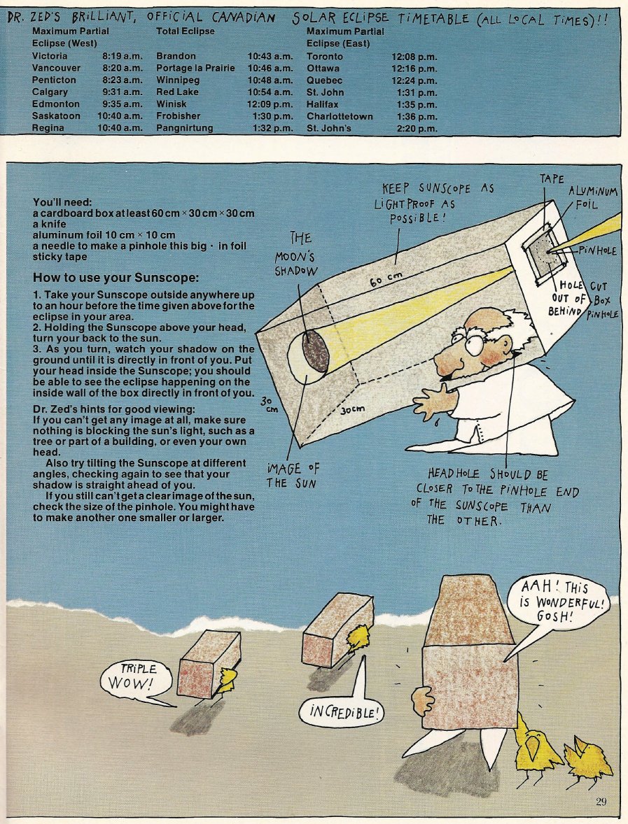 Dunlap_Obs's tweet photo. OWL Magazine guide to the 1979 Solar Eclipse, with Dr. Zed ("This is it folks! The only total solar eclipse you'll see in Canada until April 8, 2024!") https://t.co/1D24b6g0on
