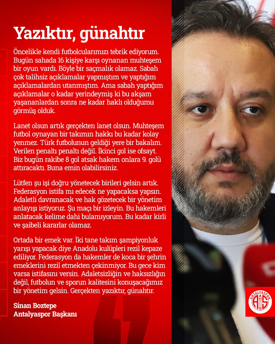 🎙 Başkanımız Sinan Boztepe'nin Galatasaray maçı sonrası açıklamaları!

#BitexenAntalyaspor