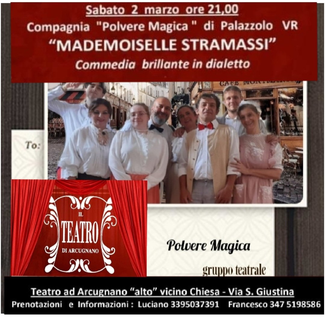 👉Rassegna Teatrale Primavera 2024 🎭
Teatro di Arcugnano (Vi)
Amici vi aspettiamo sabato con la divertente commedia:'Madmoiselle Stramassì '.
#polveremagica #Teatro
#teatroveneto #commedia #Palazzolo #Arcugnano