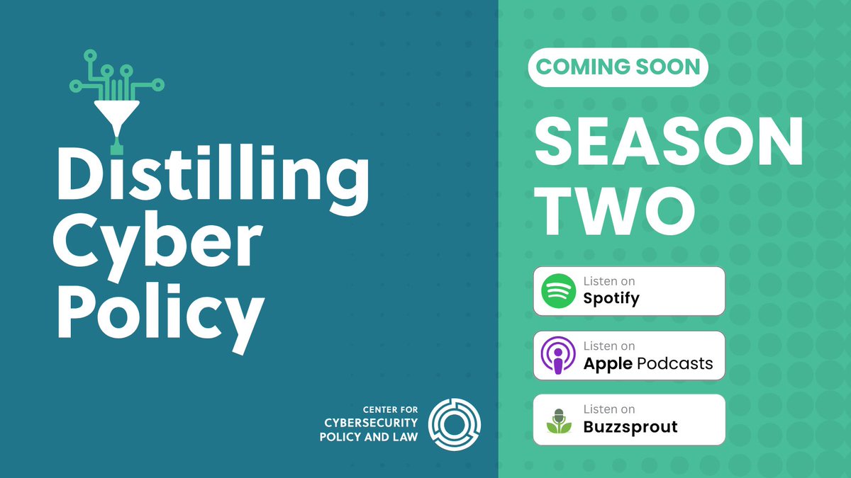 Center for Cybersecurity Policy and Law (@cyberseccenter) on Twitter photo #ICYMI: Our “Distilling Cyber Policy” podcast is returning for Season 2! Join co-hosts <a href="/alexbotting/">Alex Botting</a> and <a href="/infosecjen/">Infosecjen</a> next month for insightful discussions on all things #cyber policy. Tune in on Spotify and Apple Podcasts. Don't miss out! #ICYMI: Our “Distilling Cyber Policy” podcast is returning for Season 2! Join co-hosts <a href="/alexbotting/">Alex Botting</a> and <a href="/infosecjen/">Infosecjen</a> next month for insightful discussions on all things #cyber policy. Tune in on Spotify and Apple Podcasts. Don't miss out!