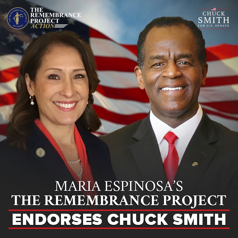 Maria Espinosa with The Remembrance Project Action Endorses Chuck Smith for US Senate Chuck Smith is proud to receive the endorsements of Maria Espinosa (co-founder of The Remembrance Project and 2016 Trump Surrogate) and The Remembrance Project Action. bit.ly/4bORFZ7