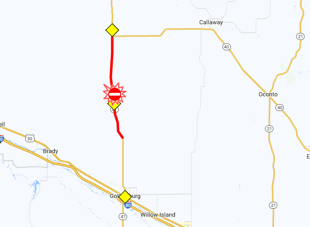 Nebraska511's tweet photo. #CusterCounty #DawsonCounty Hwy 47 is closed NB/SB @ MM 71 to 40 Junction due to wildfire. https://t.co/iYt3w2CmpE
